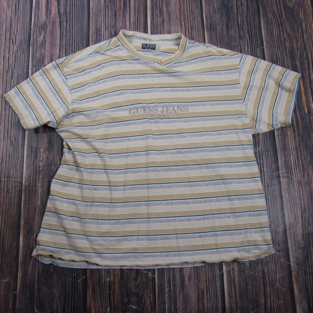 GUESS T-Shirt Unisex L White Striped Embroidered Crew Neck Jersey Granny Core